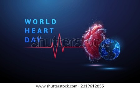 Human heart with red cardio puls line and earth. World heart day concept. Low poly style design. Abstract geometric background. Wireframe light connection structure. Modern blue 3d graphic. Vector.