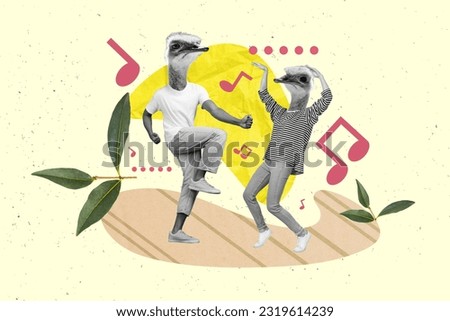 Collage picture of two black white colors people ostrich head dancing drawing melody notes isolated on creative background