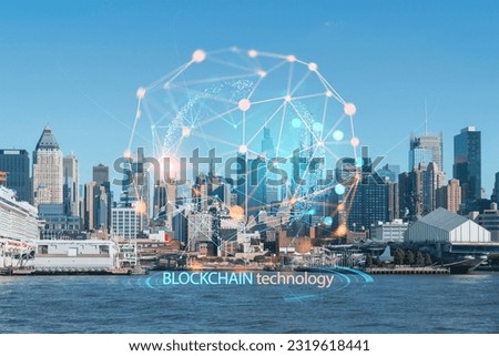 New York City skyline from New Jersey over the Hudson River towards Midtown Manhattan at day time. Decentralized economy. Blockchain, cryptography and cryptocurrency concept, hologram