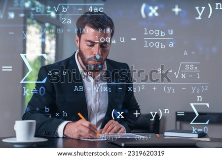 Calm businessman in formal wear signing contract at office workplace with coffee cup, laptop and notebook. Concept of successful deal, agreement, partnership, documents, lawyer. Education icons.