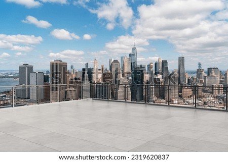 Skyscrapers Cityscape Downtown, New York Skyline Buildings. Beautiful Real Estate. Day time. Empty rooftop View. Success concept. Royalty-Free Stock Photo #2319620837