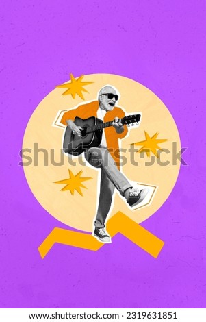 Collage artwork graphics picture of funky mature guy playing acoustic guitar singing isolated violet color background