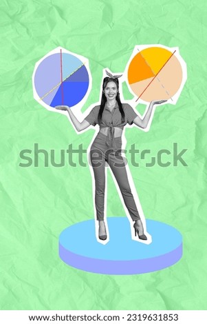 3d retro abstract creative artwork template collage of beautiful attractive young female hands hold diagram data analysis entrepreneur