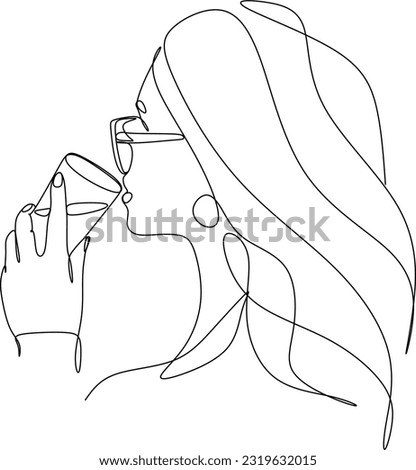 Girl drinks wine or champagne from a glass. Linear silhouette of a woman with a glass goblet. Drawing in one continuous line. Linear glamour logo in minimal for wine label.