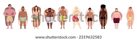 Set of men in underwear with different types of body shape on wh