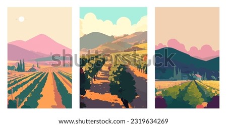 Vineyard farm village landscape flat colors posters. Vector illustration for social, banner or card. Royalty-Free Stock Photo #2319634269