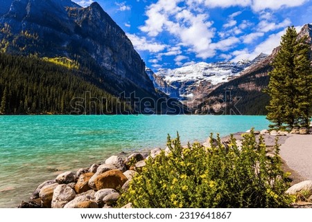 Glacial Lake Louise in Banff National Park, Canadian Rockies. The picturesque lake with azure water is surrounded by mountains and forests. The concept of ecological, active and photo tourism Royalty-Free Stock Photo #2319641867
