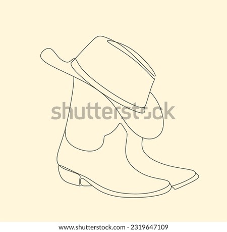 Cowboy Boots with hat line art minimalist western traditiobnal shoes female logo. Vector ranch hand drawn illustration isolated on white for design, greeting cards, print