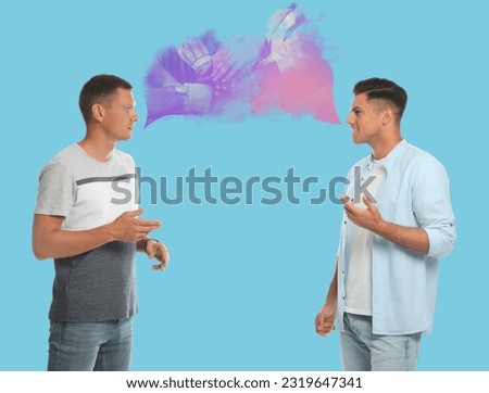 Men talking about partnership on light blue background. Dialogue illustration. Speech bubbles with photo of people holding hands together