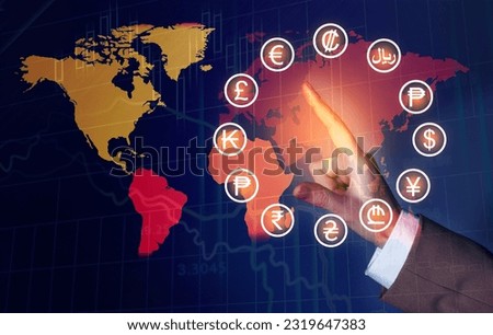 Money exchange. Man using virtual screen with world map and different currency symbols, double exposure