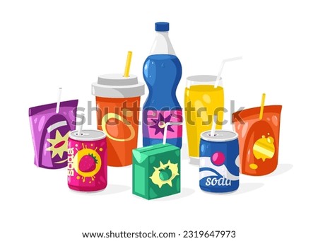 Sweet drinks with straws. Cute cartoon colorful plastic straws for cold tea, smoothie and fizzy pop drinks, summer glass beverage elements. Vector isolated set of drink fruit fizzy illustration Royalty-Free Stock Photo #2319647973