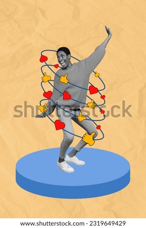 Vertical collage image of overjoyed black white effect person dancing painted like thumb up heart notification isolated on paper beige background