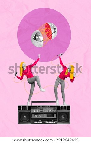 Creative poster collage of two funny female best friends dancing singing karaoke hold microphones boombox tape recorder disco ball