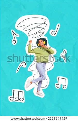 Creative drawing collage picture of funny young afro american female listen music headphones notes melody soundtrack have fun party radio