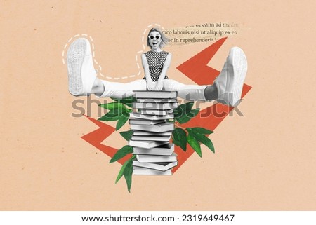 Creative collage image of excited mini black white effect girl sit huge pile stack book plant leaves isolated on beige background