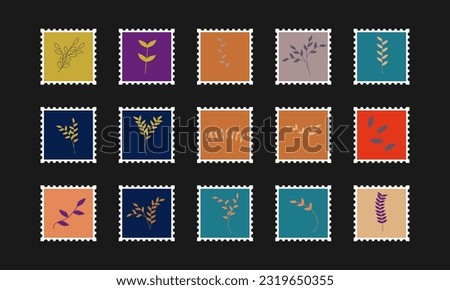 Set of postal stamps and postmarks isolated on black background, vector illustration.