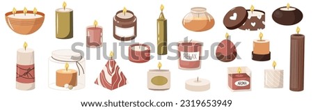 Aroma candles. Cartoon scented wax light, candle with wax and fragrance, spa therapy decoration different shapes. Vector isolated set of candle from wax, light aromatic and scented illustration Royalty-Free Stock Photo #2319653949