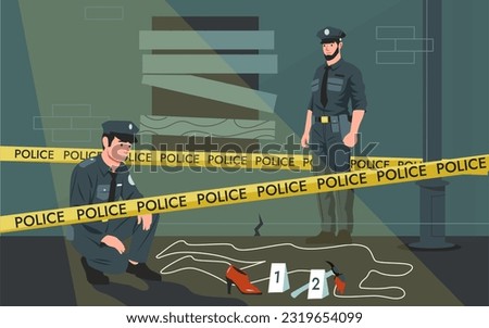 Police crime scene. Criminal murder investigation of detective officers, victim corpse traced with chalk, policemen with dog at work. Vector illustration of criminal police scene Royalty-Free Stock Photo #2319654099