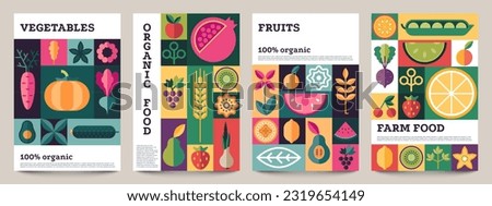 Organic food geometric poster. Minimal abstract layout of nature organic vegetables for food label or package. Vector vegan brochure cover collection of banner with food layout illustration