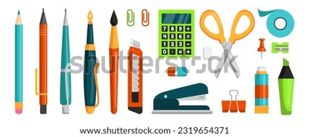 School supplies. Cute stationery. Pen and pencil. Study tongs. Stapler and glue. Adhesive tape. Scissors or highlighter marker. Education elements set. Vector tidy minimal illustration