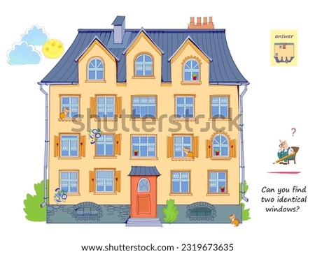 Logic puzzle for children and adults. Can you find two identical windows? Page for kids brain teaser book. Task for attentiveness.  IQ test. Play online. Vector cartoon illustration. Royalty-Free Stock Photo #2319673635