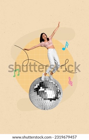 Picture 3d collage artwork poster of cheerful lovely lady stand big discoball dancing listening hits 90s 80s isolated on beige background