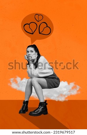 Magazine collage picture of stressed depressed having broken heart dreaming happy relationships isolated orange color background