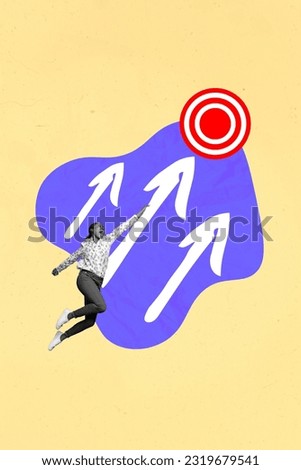Collage artwork graphics picture of excited lady throwing arrow darts center isolated painting background