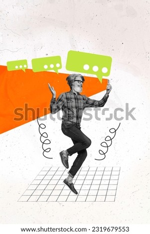 Creative graphics collage painting of excited mature guy recording video vlogs empty space isolated white color background