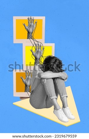Vertical composite design collage of crying woman depression computer screen fingers manipulates zombie tv isolated on blue background Royalty-Free Stock Photo #2319679559