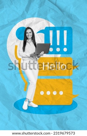 Collage sketch template of charming lady hold use modern device typing sms greeting friend colleagues isolated on blue painted background