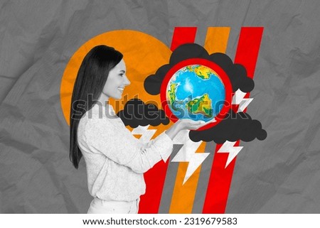Banner poster collage sketch picture of positive woman hold mini globe explore nature care planet isolated on painted background
