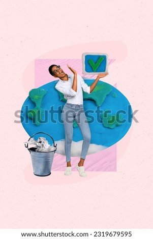 Creative collage artwork picture of funky positive woman raise okey sign reduce plastic paper waste sorting trash on drawing background