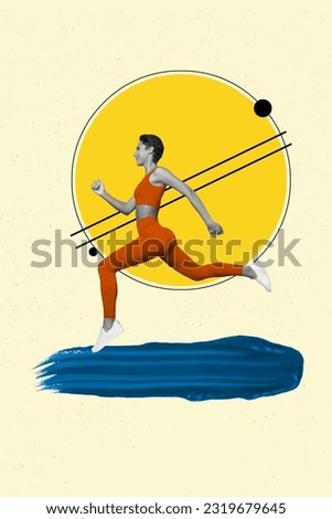 Collage vertical photo of young sporty girl fast speed wear sport suit leggings runner marathon warm up isolated on yellow background