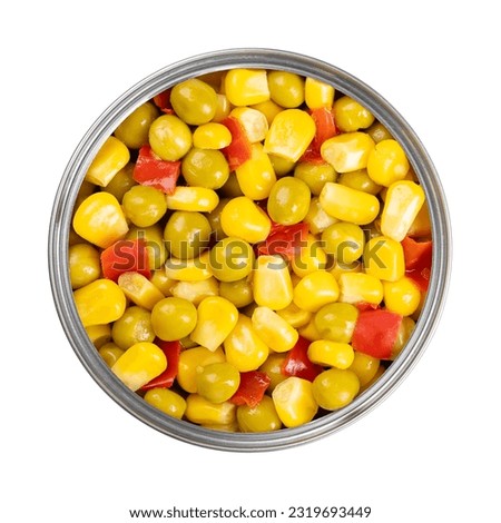Canned mix of corn, green peas and diced red bell pepper, in an open can, from above. Ready to eat Mexican maize mix, as a side dish to a barbecue. Isolated, close-up, over white, macro food photo.
