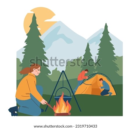 Mountaineering. Travelers sitting near campfire during nature adventure. Tourist, hiker or backpacker explore mountains and forest. Active recreation and camping. Flat vector illustration
