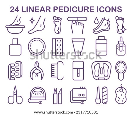 Pedicure and spa treatment linear icons set. Professional equipment and tools for toe nail and feet care. Scissors, file, polish, foot bath, cream, brush etc. Flat vector illustration Royalty-Free Stock Photo #2319710581