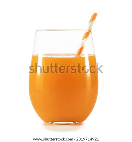 Glass of apricot or peach juice with paper drinking straw isolated on white background. Royalty-Free Stock Photo #2319714921