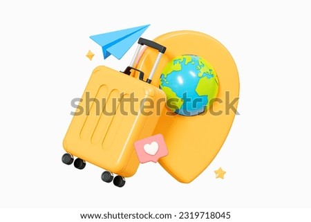 3D Time to travel concept. Pin location with earth and yellow suitcase. Vacation planning and booking. Go on summer trip. Cartoon creative design icon isolated on white background. 3D Rendering