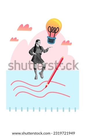 Poster picture 3d collage image of positive clever successful girl have excellent great idea hold lamp bulb isolated on painted background