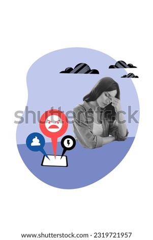 Picture poster image artwork collage of sad girl touch head reading negative critic suffer bulling bad mood isolated on painted background