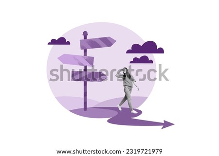 Collage photo picture illustration template of funny girl choose way looking empty signpost table pointer isolated on white background