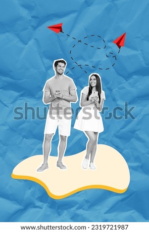 Two young friends lovers collage artwork picture of messenger online chatting advertisement send paper airplanes isolated on blue background
