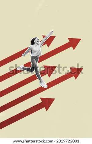 Creative drawing collage picture of energetic excited female raise fist run fly have fun arrow point way direction dream inspiration