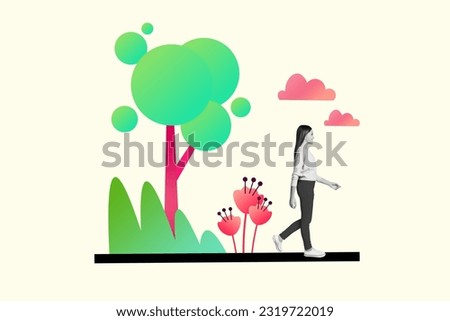 Minimalistic collage picture of walk schoolgirl nature forest park garden green tree blooming spring flowers isolated on beige background
