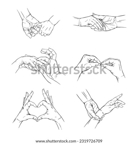 Set hand love, romance, couple, love, valentine collection drawn gesture sketch vector illustration line art