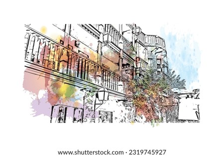 Building view with landmark of Punta Cana is the town in the Dominican Republic. Watercolor splash with hand drawn sketch illustration in vector.
