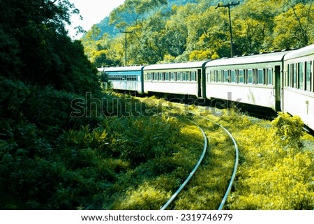 Tourist train crossing the forest and the mountains of Curitiba towards the city of Morretes in Paraná in Brazil Royalty-Free Stock Photo #2319746979