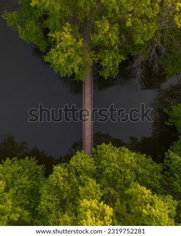 A portrait drone shot of a wooden bridge over a lake