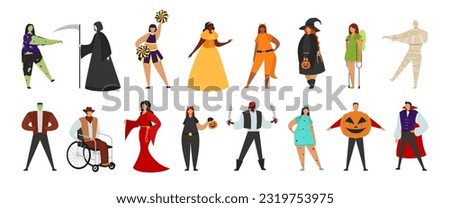 Set of vector people in halloween costumes isolated on whtie background